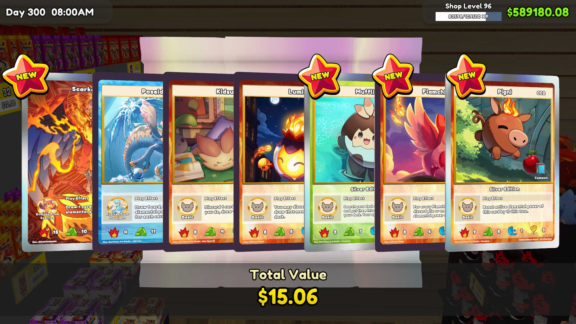 Booster pack opening screen showing pulled cards and their combined market value