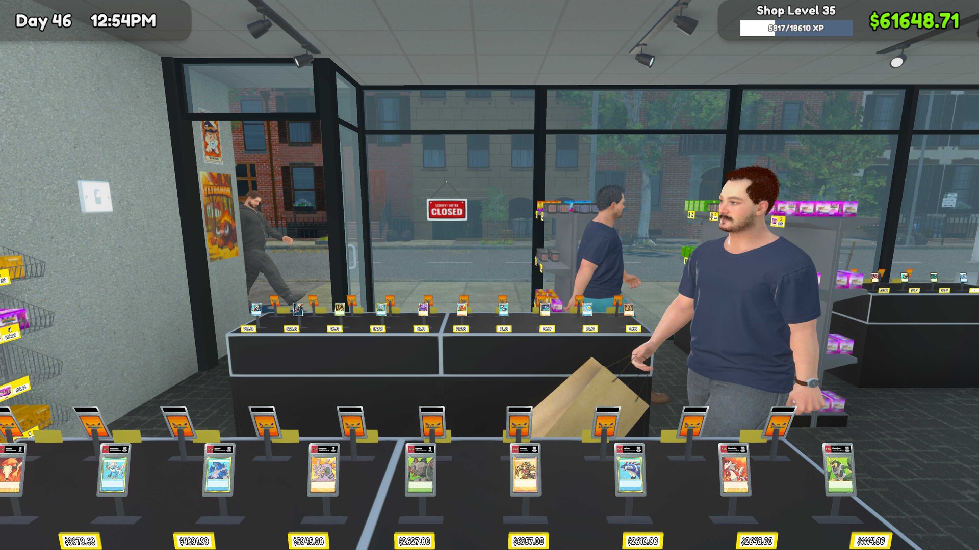 Card shop counter with customers browsing and buying booster packs