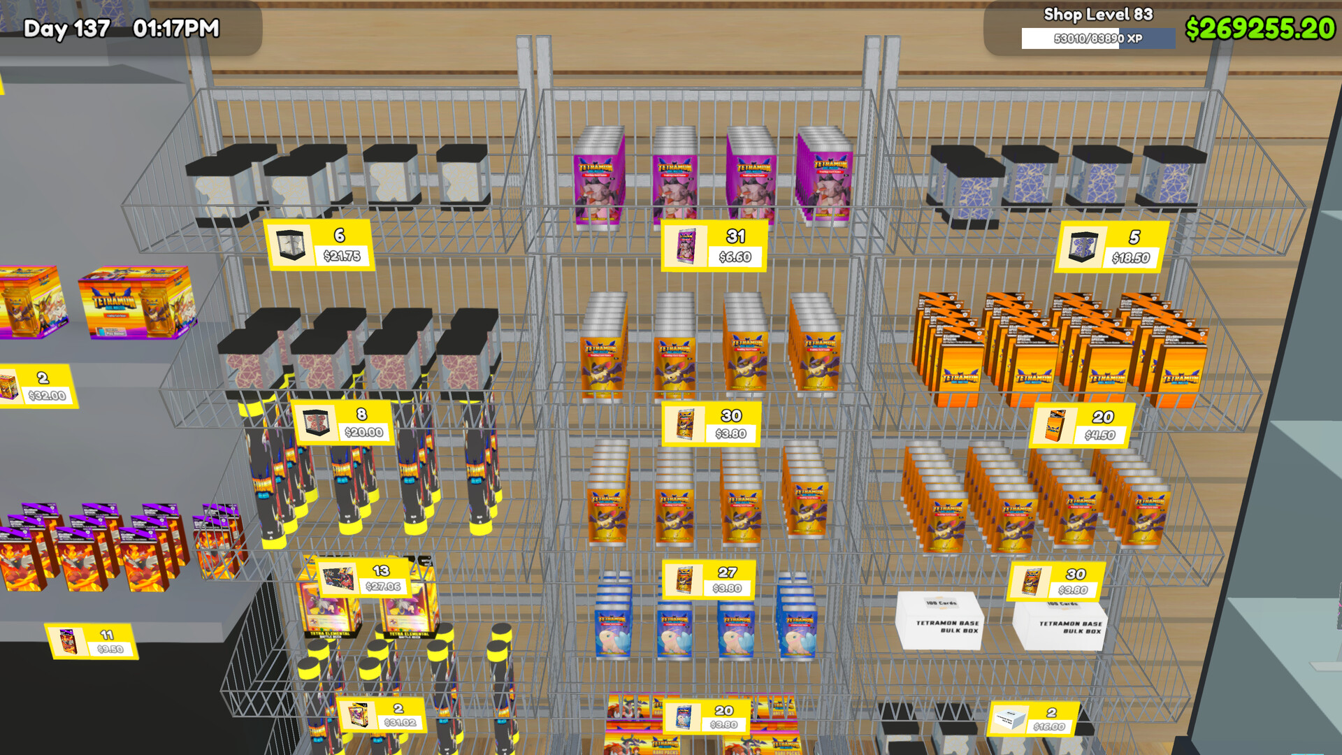Store shelves fully stocked with booster packs and card boxes in TCG Card Shop Simulator