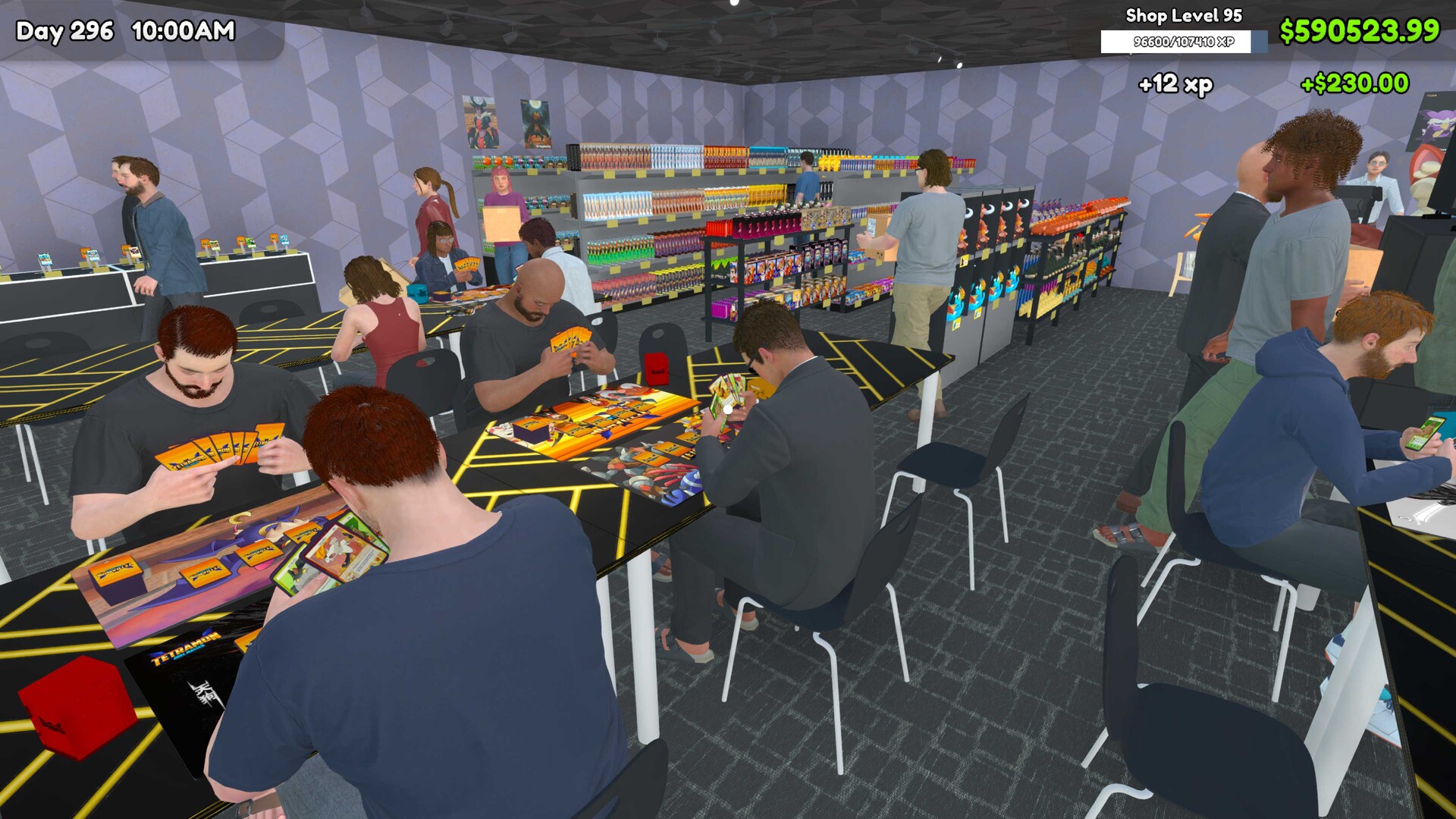 Players seated at play tables inside the card shop during a Tetramon match
