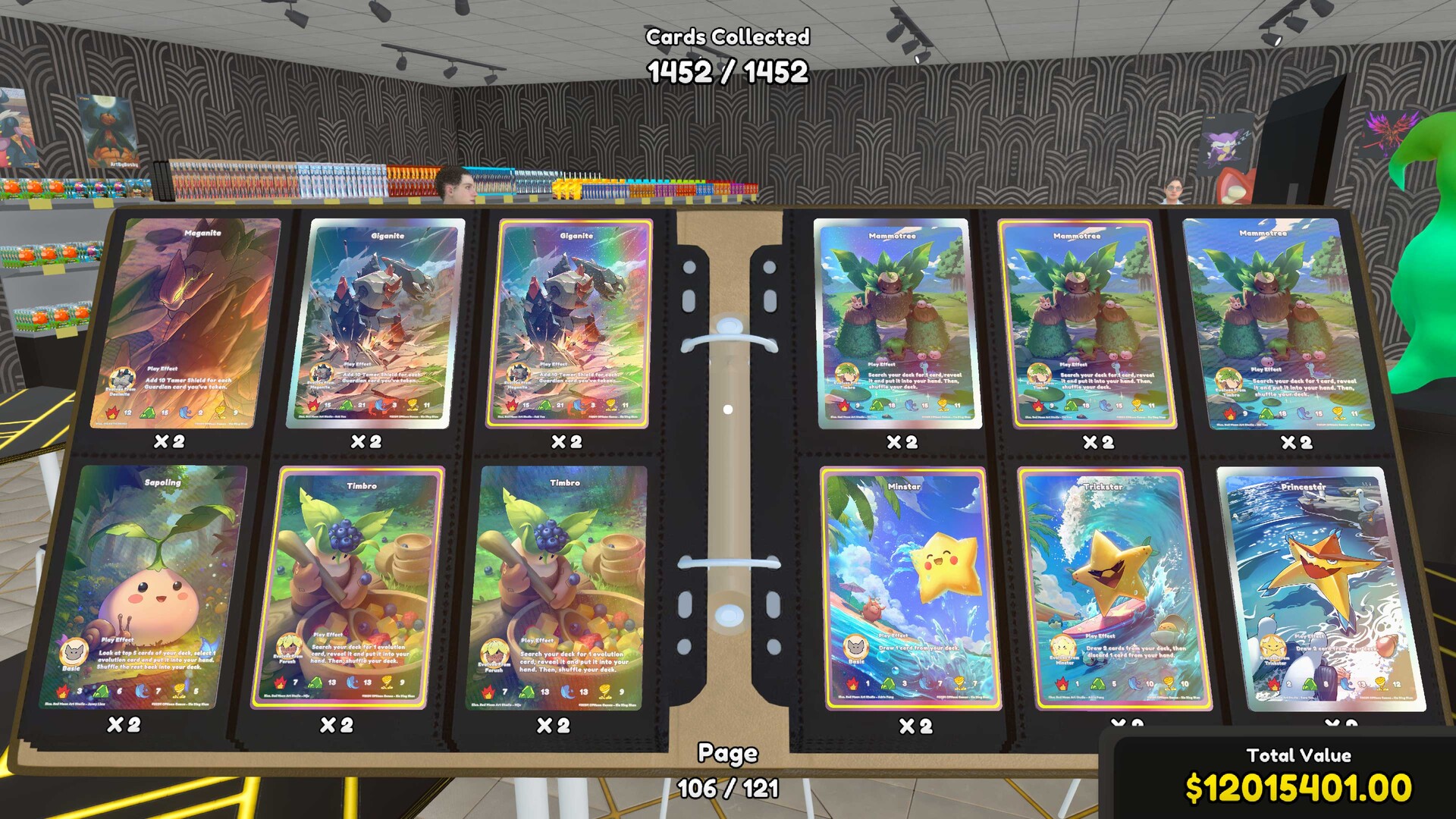 Card binder pages filled with collected trading cards in TCG Card Shop Simulator
