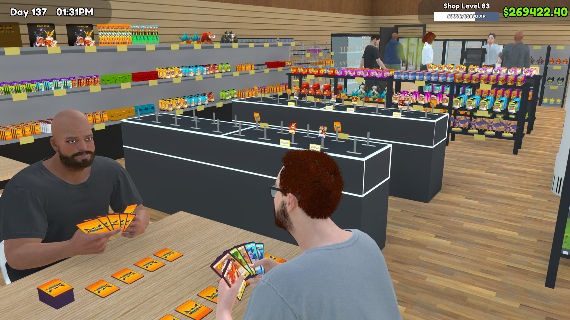 Shopkeeper serving a customer at the checkout counter of a trading card store in TCG Card Shop Simulator
