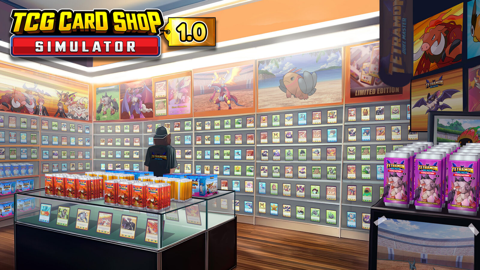 TCG Card Shop Simulator 1.0 key art showing a card shop interior lined with booster pack shelves and display counters